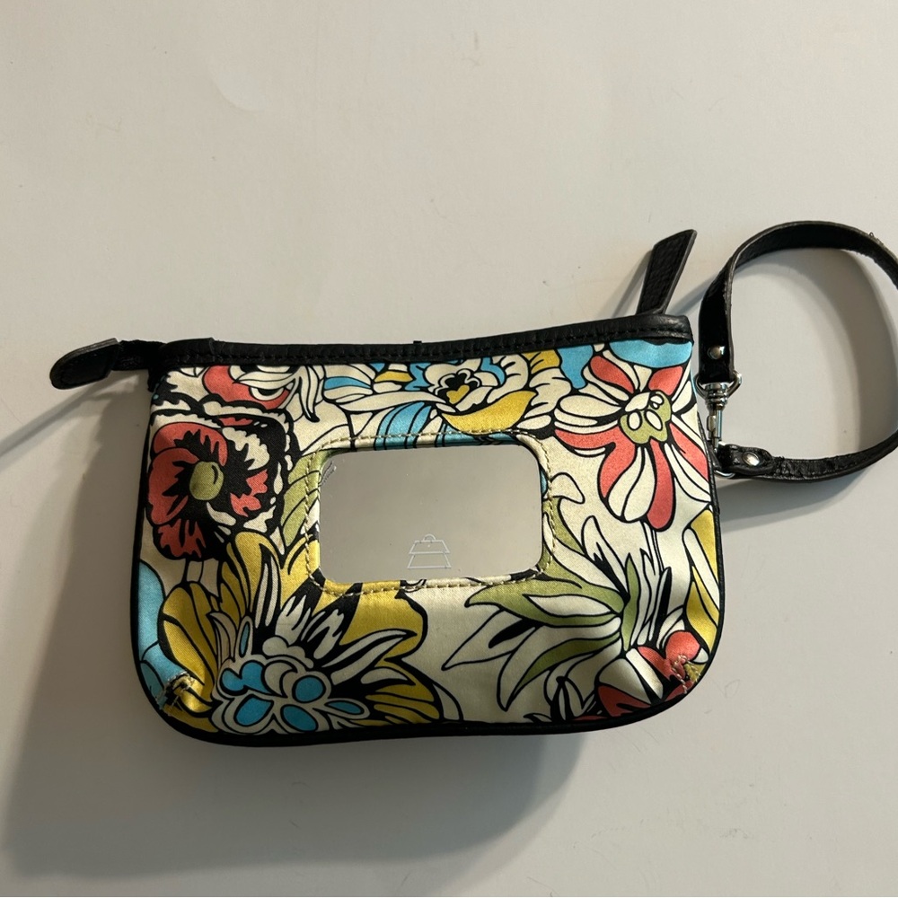 KATHY VAN ZEELAND FLORAL ZIP TOP VINYL LINING WRISTLET STRAP MAKE-UP POUCH BAG